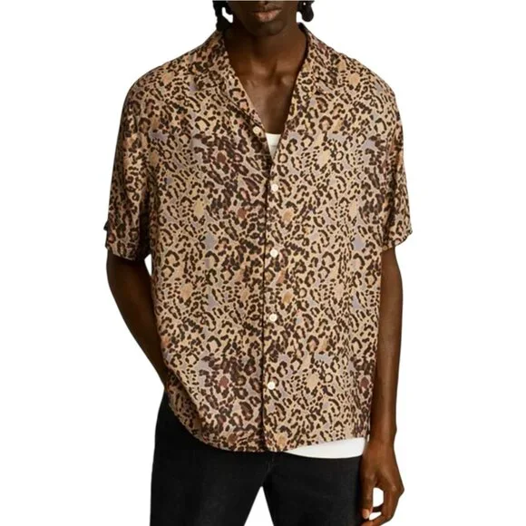 AllSaints Halftone Animal Print Shirt Sz M Short Sleeve Button Down Relaxed - Picture 1 of 10